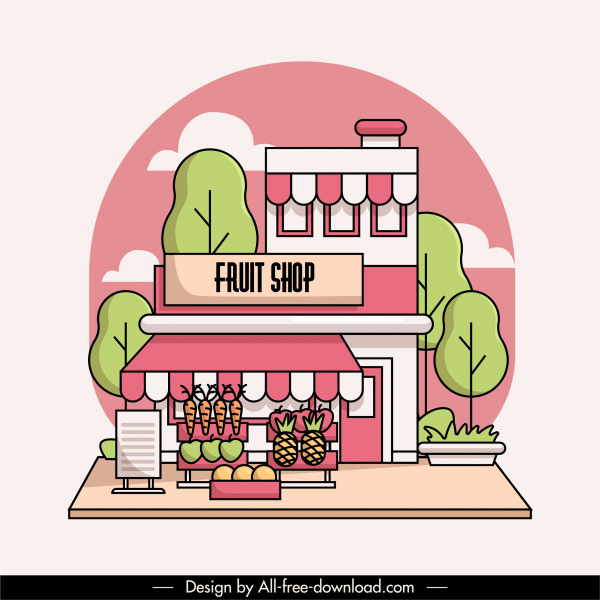 loja de frutas fundo exterior plano de mão desenhado esboço