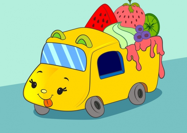 可愛卡通設計風格水果卡車圖標