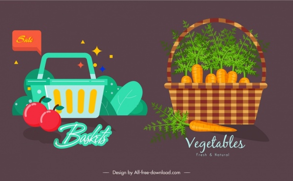 果物、野菜、バスケット、アイコン、暗い色の古典的なデザイン