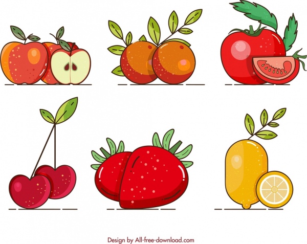 फलों की पृष्ठभूमि सेब, नारंगी, टमाटर, चेरी, स्ट्रॉबेरी, नींबू