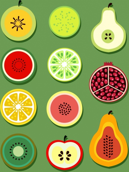 buah-buahan latar belakang berwarna-warni datar irisan dekorasi