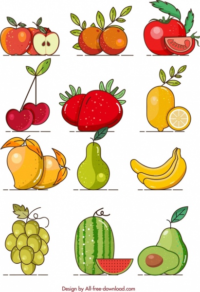 buah-buahan latar belakang ikon warna-warni desain klasik