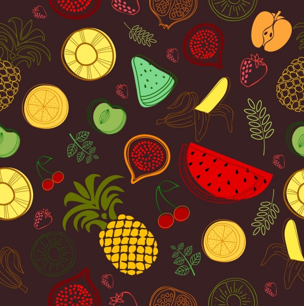 Fondo oscuro de frutas de colores planos dibujo hecho a mano