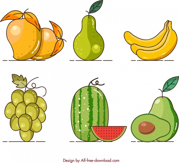 果物の背景 マンゴー、梨、バナナ、ブドウ、スイカ、アボカド