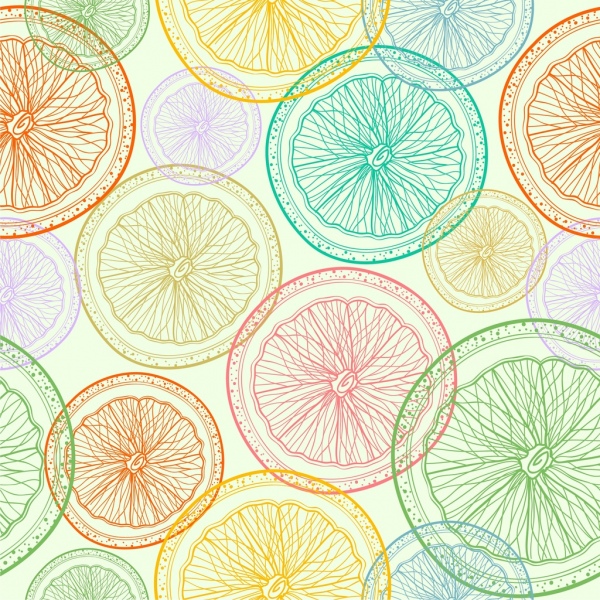 Iconos de frutas fondo color repitiendo handdrawn rodajas de naranja