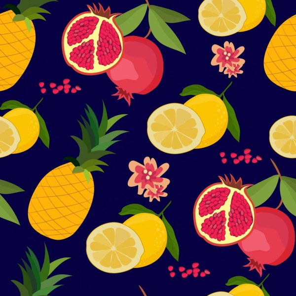 Früchte Zitrone Granatapfel Ananas Symbole wiederholen Design Hintergrund