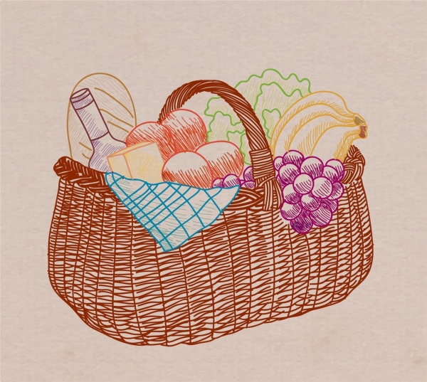 cesta de frutas pintura colorida esboço desenhado à mão