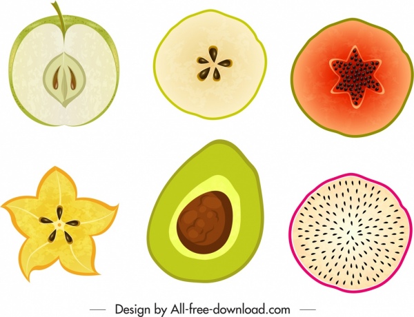elemen desain buah-buahan irisan datar berwarna-warni sketsa yang digambar tangan