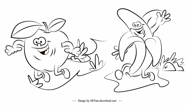 과일 아이콘 사과 바나나 스케치 재미있는 스타일화 스케치