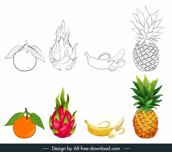 ícones de frutas preto branco desenho desenhado à mão