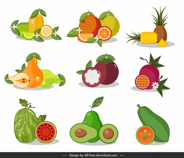 фрукты иконы яркий красочный классический плоский дизайн