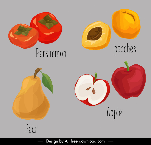 ícones de frutas colorido retro desenhado esboço
