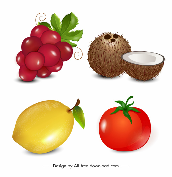 buah-buahan ikon anggur berwarna-warni kelapa lemon tomat sketsa