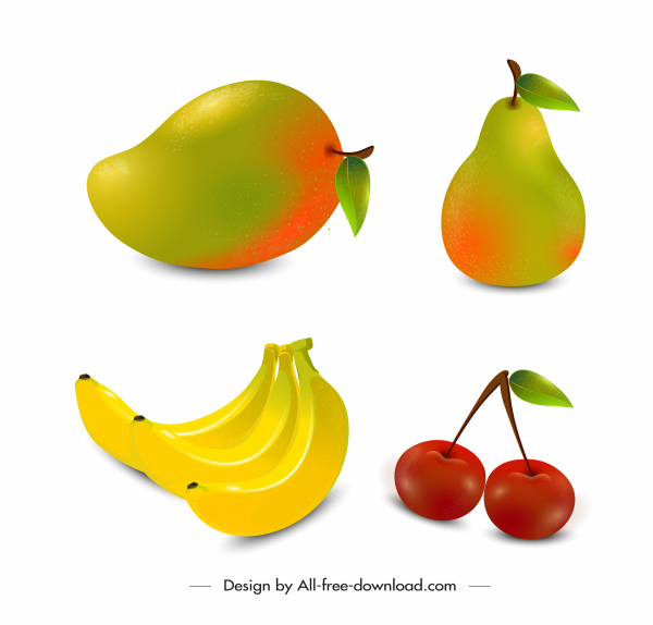 ไอคอนผลไม้ที่มีสีสันการออกแบบ 3 มิติที่ทันสมัย