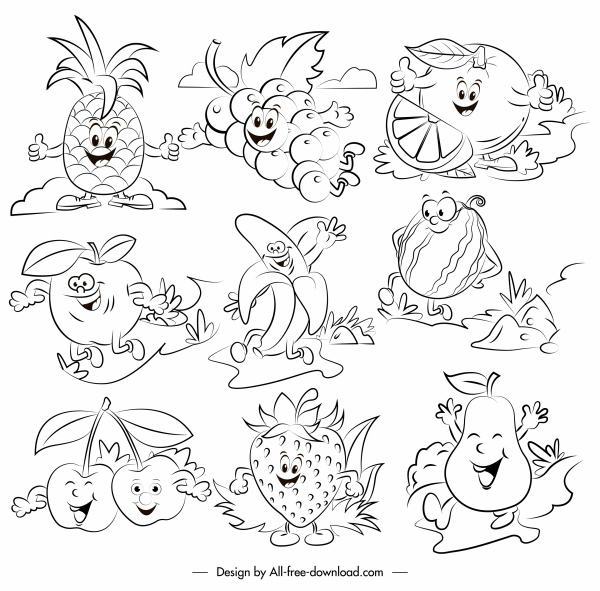ícones de frutas engraçado esboço estilizado desenho desenhado à mão