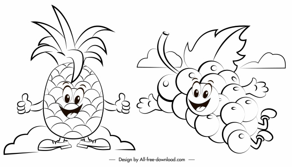 owoce ikony ananas winogron szkic ręcznie rysowane stylizacji