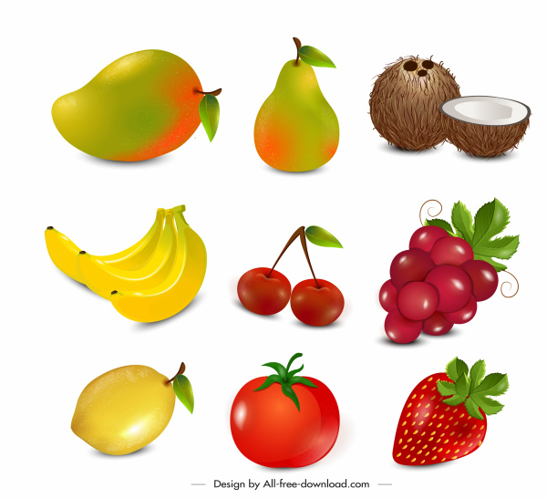 ikon buah-buahan mengkilap warna-warni sketsa modern