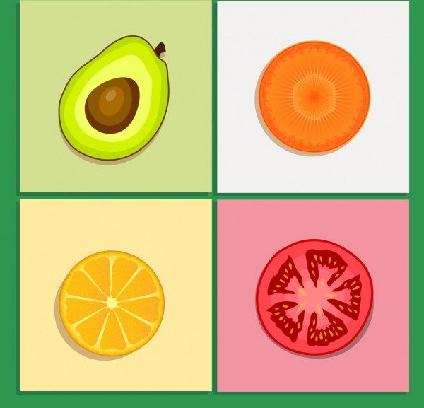 fruits, ingrédients, icônes, coloré, coupe plate, tranche, conception,