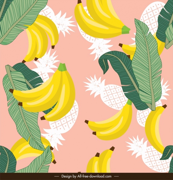 pola buah-buahan pisang daun nanas dekorasi warna-warni klasik