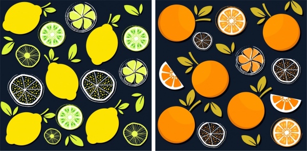 Ensembles de motifs de fruits citron orange icônes flat design