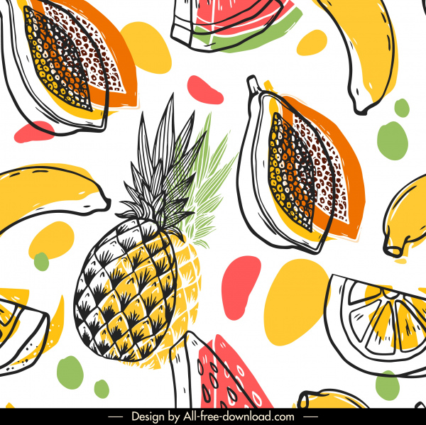 templat pola buah-buahan warna-warni sketsa handdrawn klasik