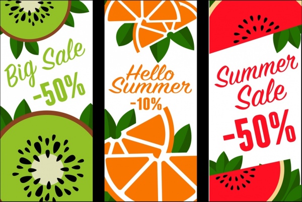 Frutas banners de venta Orange Kiwi sandía iconos