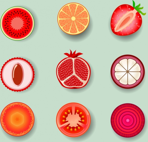 빨간색 과일 조각 아이콘 디자인 다양 한 종류