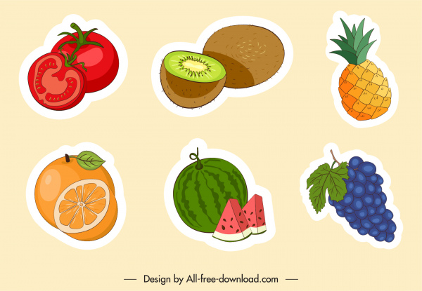 stiker buah-buahan berwarna-warni handdrawn klasik datar
