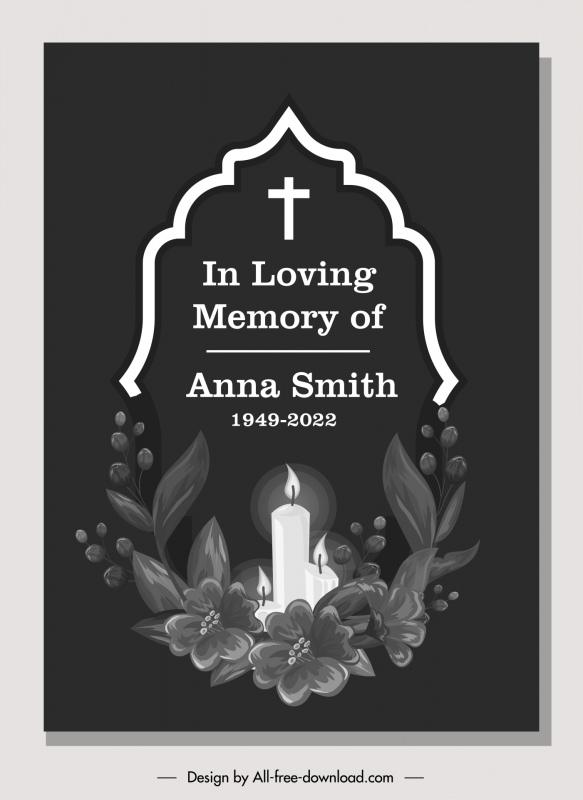 Template kartu pemakaman desain monokrom gelap yang elegan