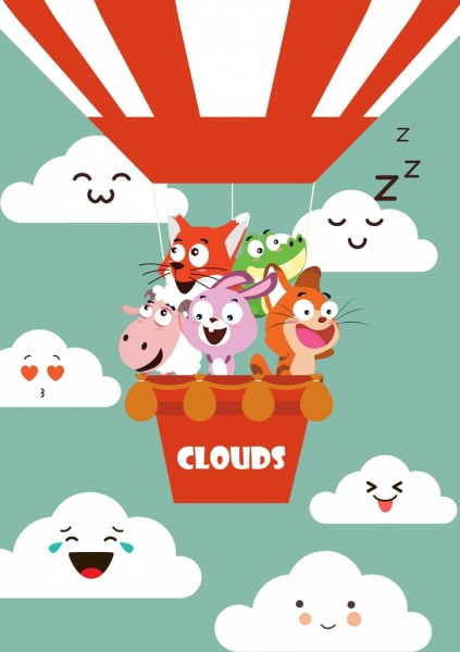 lustige Tiere stilisierte Wolken Symbole farbige Karikatur Zeichnung