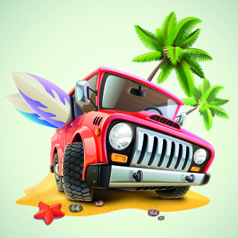 Funny Car With Travel Elements Vector