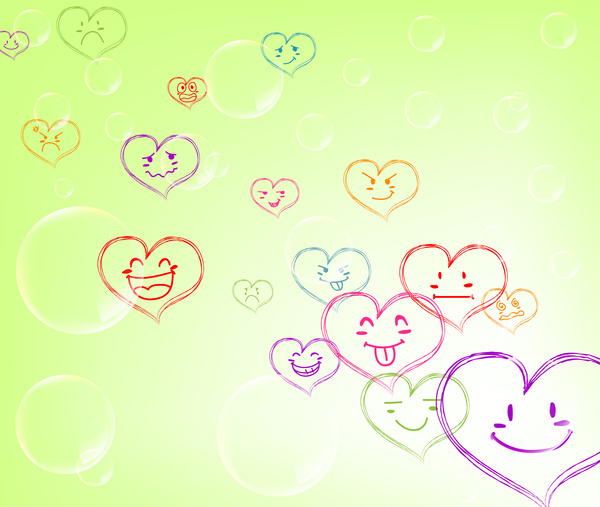 lustige Zeichnung der Emotion Herzen auf grünem Hintergrund