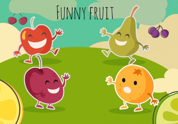 Веселые фрукты фон стилизованные иконки мультфильм дизайн