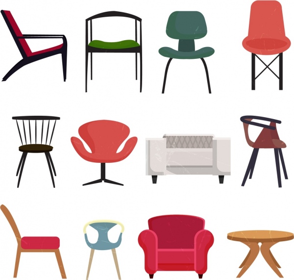 móveis cadeiras coleção de ícones de vários tipos coloridos