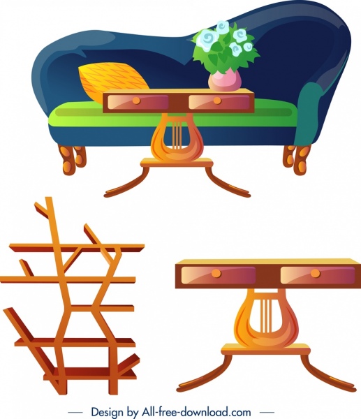 Elementi di design mobili divano icone libreria