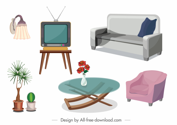 dibujo de 3d color de muebles iconos