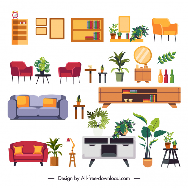 muebles iconos coloreado diseño contemporáneo