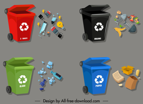 Müllklassifizierung Icons Mülleimer Abfälle Skizze