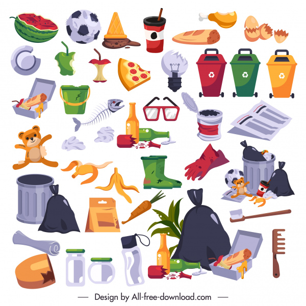 Garbages Design-Elemente bunte Symbole Skizze