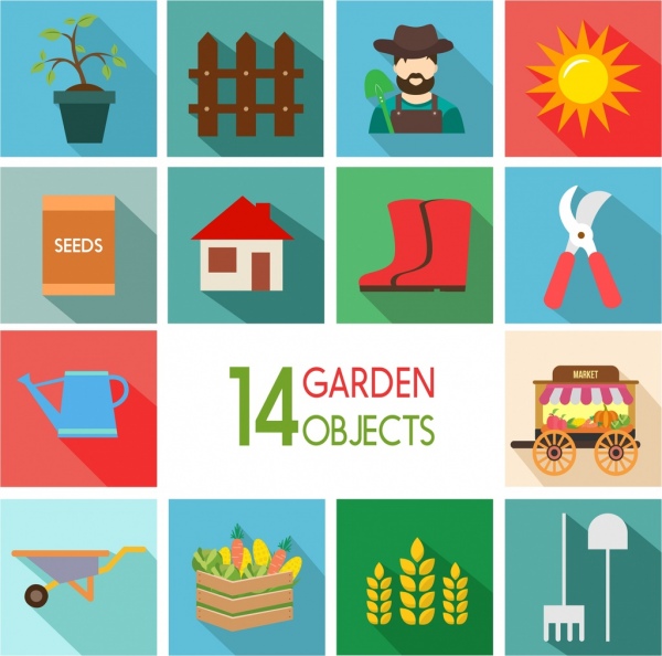 Garten-Design-Elemente farbige Objekte Symbole Isolierung