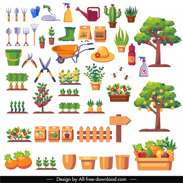 elementos de diseño de trabajo de jardín coloridos herramientas de productos bosquejo
