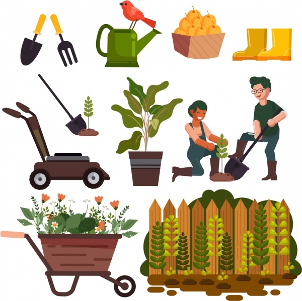 travaux de jardin, éléments de conception, outils, plantes, jardinier, icônes