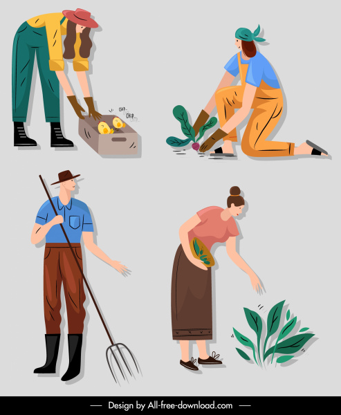 iconos jardineros coloreados personajes de dibujos animados bosquejo