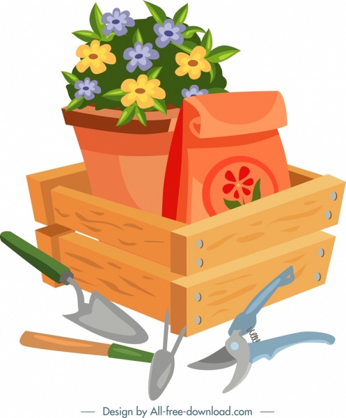 jardinagem fundo flor pote ferramenta ícones design colorido