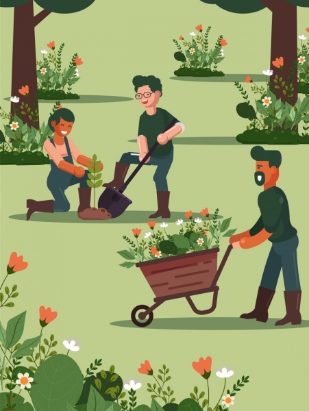 jardinage fond travailleurs fleurs plantation dessin animé conception