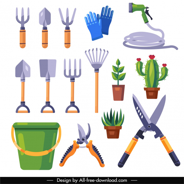 elementos de design de jardinagem colorido flat ferramentas esboço árvore