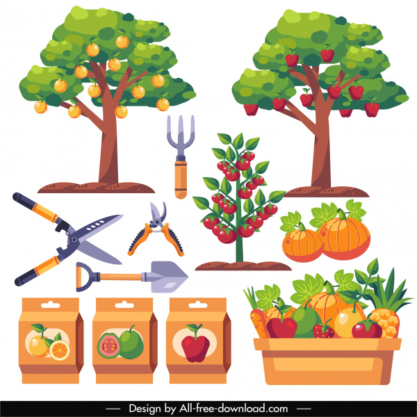 elementos de diseño de jardinería coloridos productos planos herramientas bosquejar