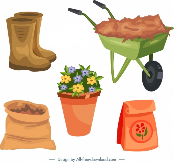 elementos de design de jardinagem ferramentas de vaso de flores ícones