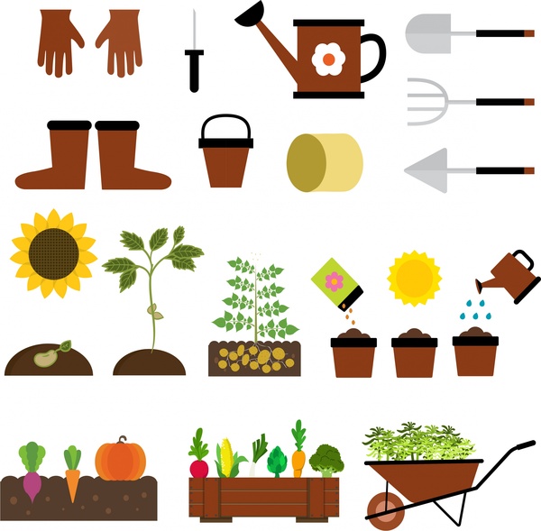 isolamento de ícones jardinagem com diversas ferramentas e legumes