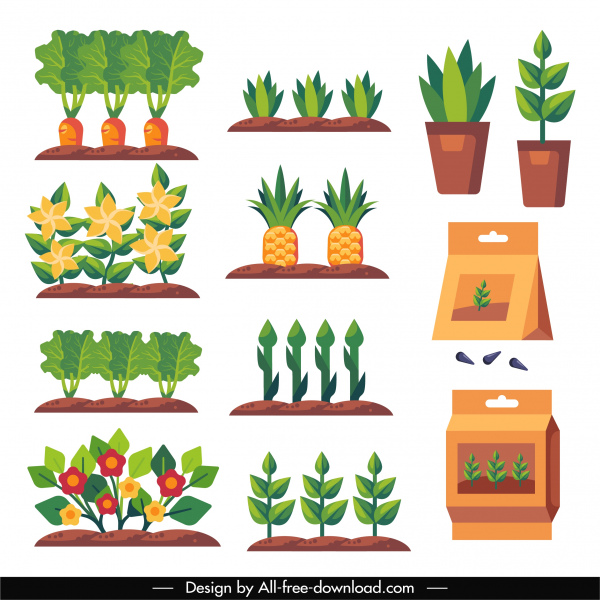 productos de jardinería iconos coloreados símbolos planos bosquejo